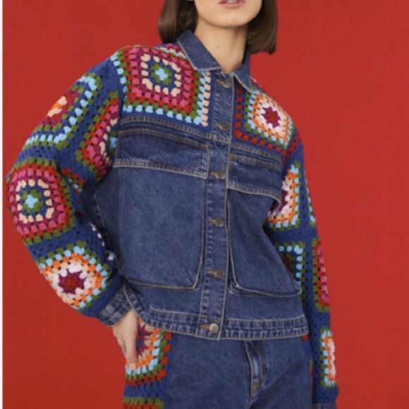RARE Farm Rio Crochet Squares Denim Jacket & Jeans Set Pants Granny Blue Size S - Picture 4 of 16